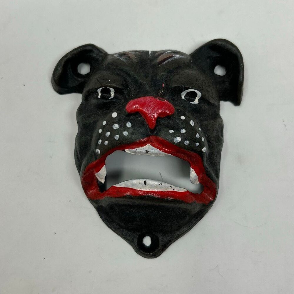 Vtg Bulldog Bottle Opener Cast Iron Wall Mount Bar Decor Pitbull Dog Mask 4"x4"